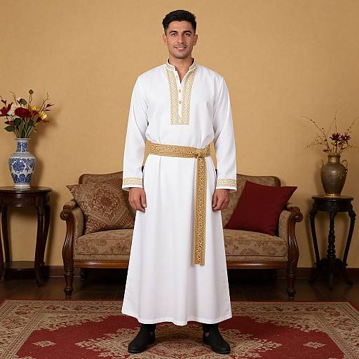 Photograph of a smiling man in white traditional long robe with gold embroidery, standing in front of a beige wall and ornate brown sofa.