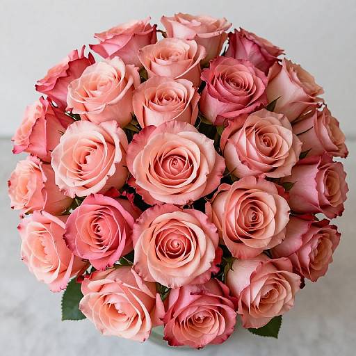 Photograph of a lush bouquet of pink and peach roses, tightly packed, with soft, velvety petals and green leaves peeking through, set