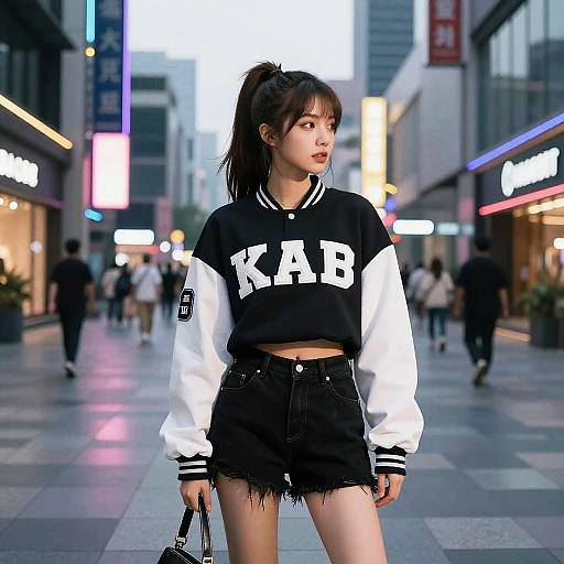 Fashion Influencer in Neon Urban Plaza