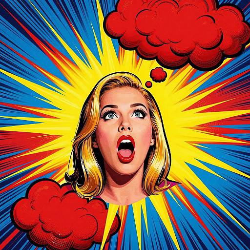 Pop art-style illustration of a blonde woman with wide eyes and open mouth, surrounded by yellow and blue rays, with red clouds above. Comic book explosion