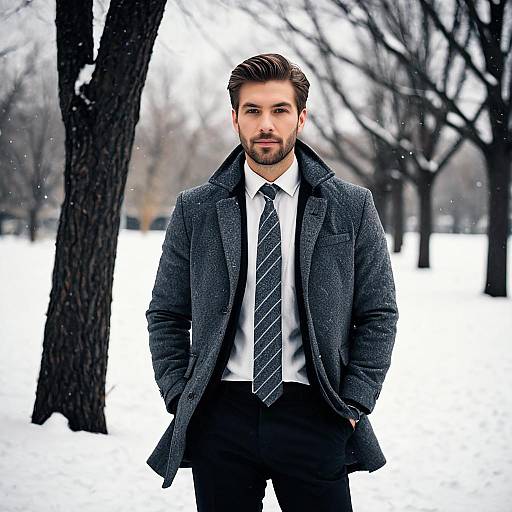 Man in Winter Coat and Tie in Snowy Park