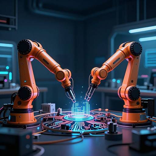 Photorealistic CGI of two orange robotic arms welding a glowing blue circuit board in a futuristic, neon-lit workshop.