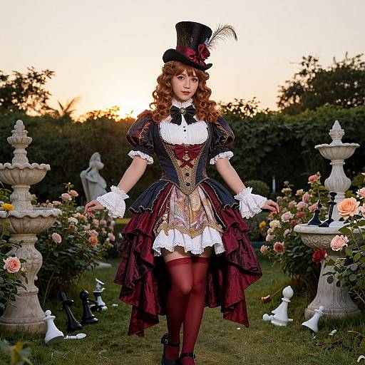 Young Woman in Mad Hatter Costume in Victorian Garden
