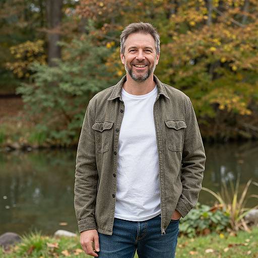 Photograph of a smiling, bearded man with short dark hair, wearing a green jacket, white t-shirt, and blue jeans, standing by a