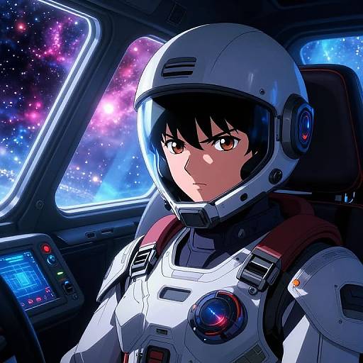 Digital anime-style illustration of a determined young woman in a white space suit with a helmet, seated in a spaceship cockpit, gazing at a vibrant,