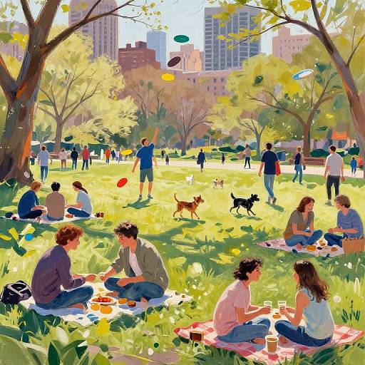 Digital illustration of a sunny park with diverse people picnicking, playing with dogs, and flying kites amidst trees and city buildings.
