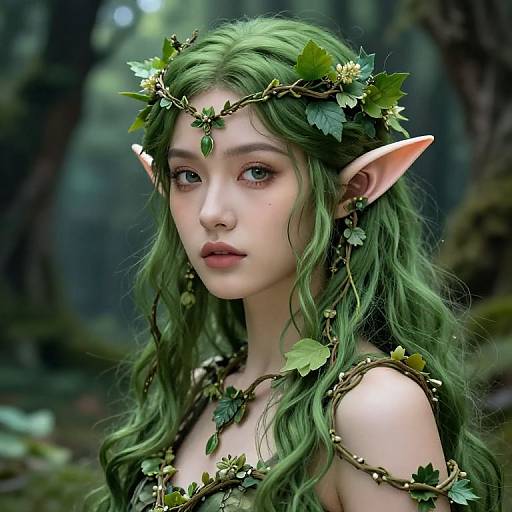 Digital artwork of a green-haired, elf-like woman with pointed ears, wearing a leafy crown and vine jewelry, set in a mystical forest.