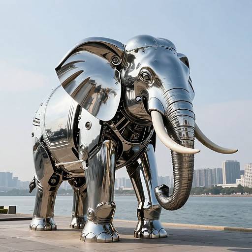 Photograph of a shiny, metallic, robot elephant with white tusks standing on a waterfront pier, reflecting skyscrapers and clear blue sky.