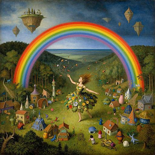 Fantasy painting of a fairy with flower dress dancing under a vibrant rainbow, surrounded by whimsical houses, floating islands, and colorful butterflies in a lush