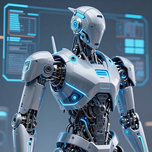 Photorealistic CGI of a sleek, white and blue robotic humanoid with glowing blue eyes and joints, set against a futuristic control panel background.