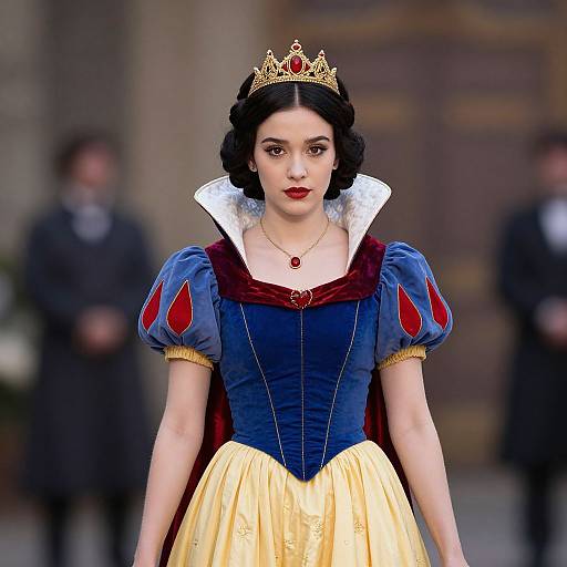 Digital art of Snow White in a blue and yellow dress, red cape, white collar, gold crown, and red lipstick, standing confidently in a blurred