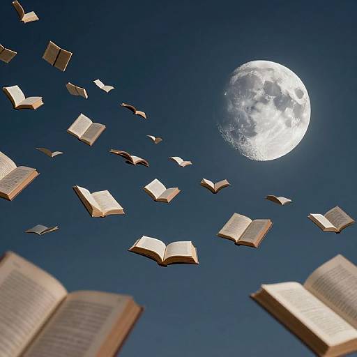 Photograph of open books floating in a dark blue sky, illuminated by a bright full moon, creating a magical, dreamlike scene.
