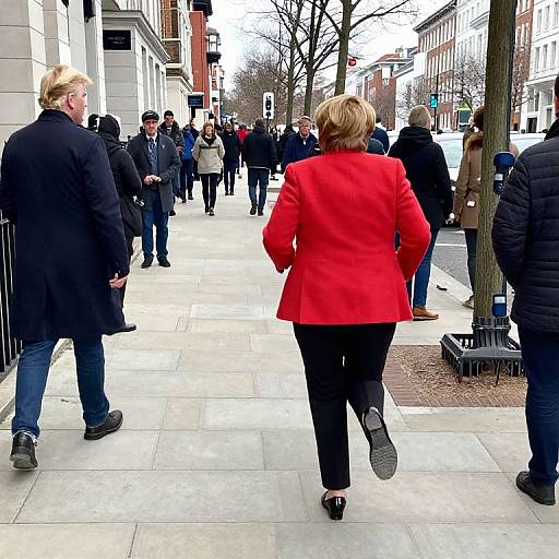 Photograph of a city sidewalk scene with a woman in a bright red blazer walking away from the camera, surrounded by people in winter coats. Leaf