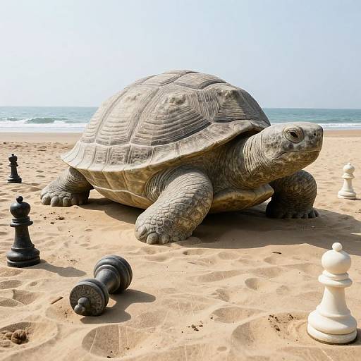 Photograph of a large, detailed turtle on a sandy beach with black and white chess pieces scattered around, ocean in background.