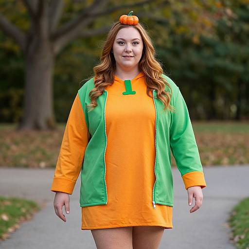 Photograph of a plus-sized woman with long red hair, wearing an orange and green pumpkin costume with a small pumpkin on her head, standing on a