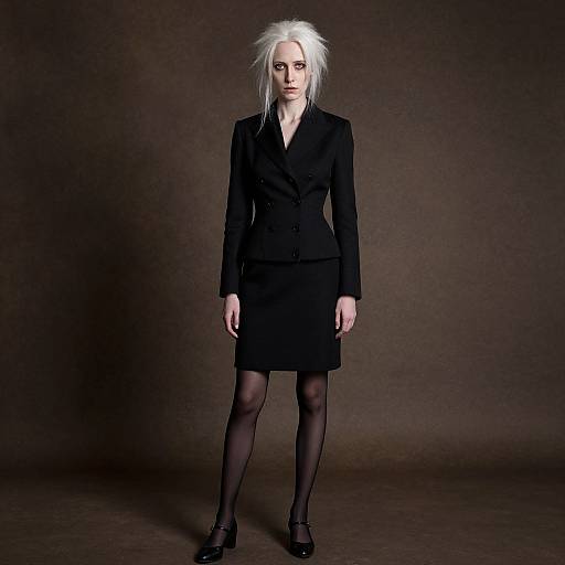 Digital illustration of a pale-skinned woman with white hair, wearing a black blazer, skirt, and stockings, standing against a dark brown background.