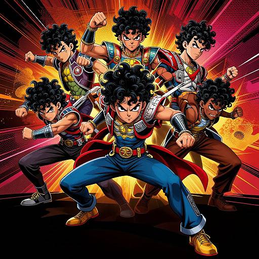 Digital anime-style artwork of five versions of Super Saiyan Goku in dynamic poses, fists raised, against a fiery, explosive background.