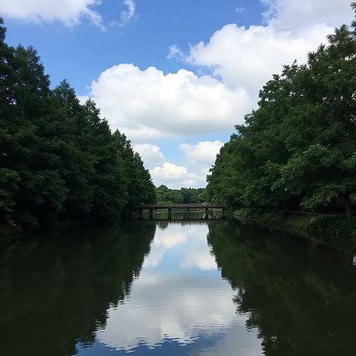 Photograph of a serene, reflective river bordered by dense, green trees under a bright blue sky with fluffy white clouds.