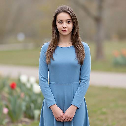 Photograph of a young woman with long brown hair, wearing a light blue long-sleeve dress, standing in a blurred garden with flowers and trees