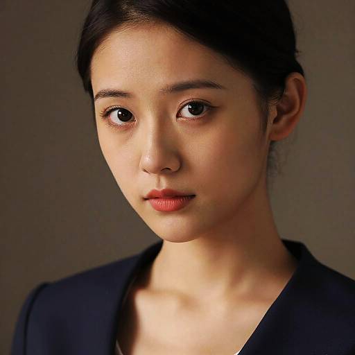 Photograph of a young Asian woman with fair skin, dark hair in a bun, wearing a black top, looking slightly downward with a neutral expression,