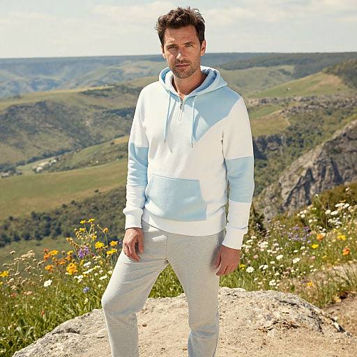 Photograph of a bearded man in a white hoodie and light gray pants standing on a rocky mountain peak, with a colorful meadow and distant hills