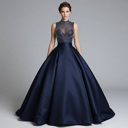 Photograph of a woman with dark hair in an elegant, sleeveless navy blue ball gown with a sparkling bodice and full skirt, standing against a