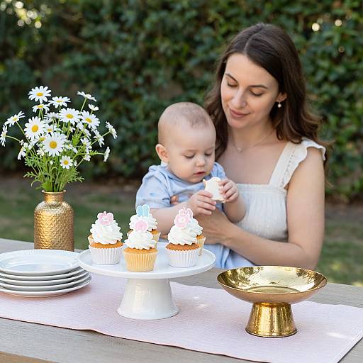 Photograph of a smiling woman in a white dress and baby with brown hair, sharing cupcakes with white frosting, surrounded by daisies in a gold