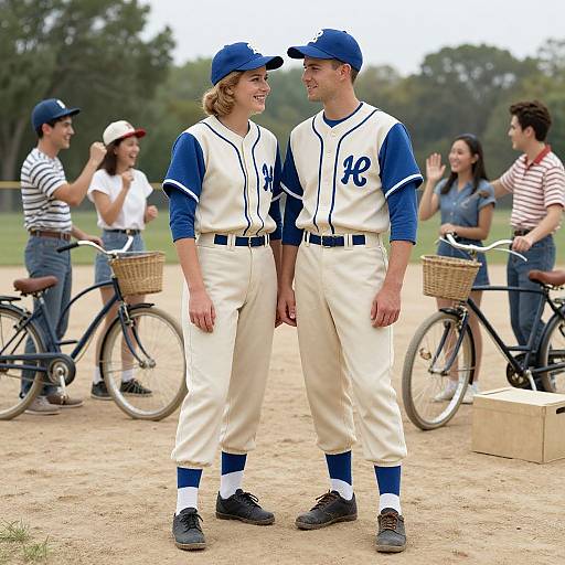 Photograph of two smiling baseball players in white and blue uniforms standing together, holding hands, with cyclists and spectators in background.