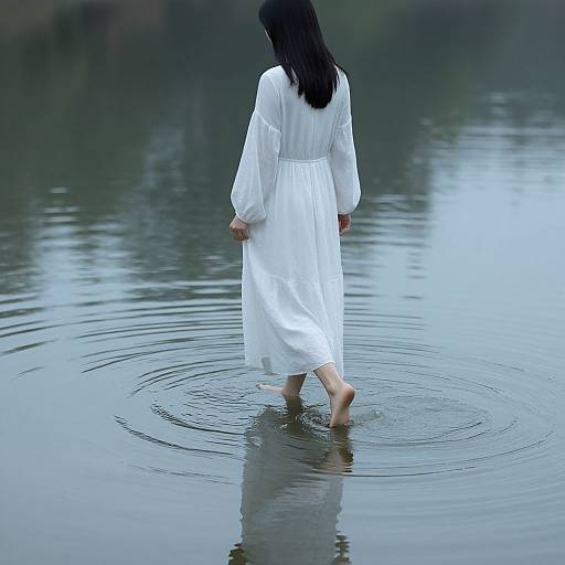Photograph of a woman with long black hair, wearing a white long-sleeved dress, walking barefoot in calm, reflective water.