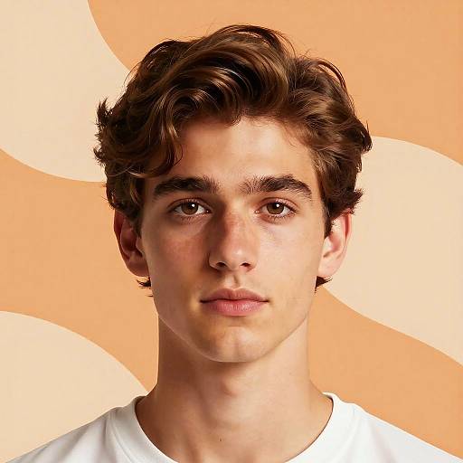 Photograph of a young man with wavy brown hair, light brown eyes, fair skin, wearing a white shirt, against an orange abstract background.
