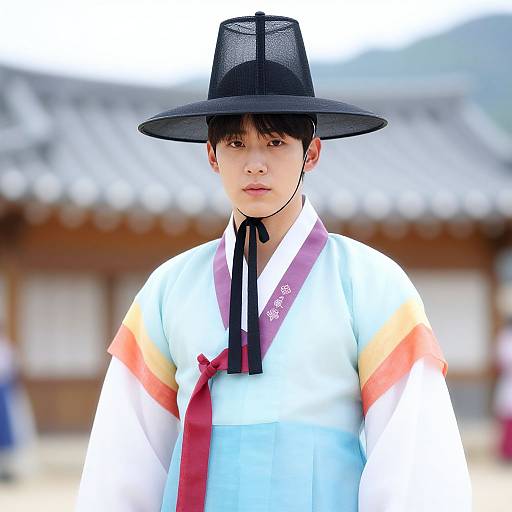Photograph of a young Asian man in traditional Korean hanbok with white and colorful sleeves, black hat, red sash, and white background of