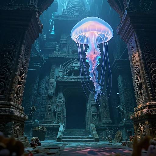 Photograph of a glowing blue jellyfish hovering above an ancient, intricately carved temple with dark, mysterious architecture and dim, blue lighting.