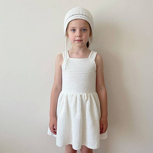 Photograph of a young girl with fair skin and blue eyes, wearing a white crocheted dress and matching headband, standing against a plain white