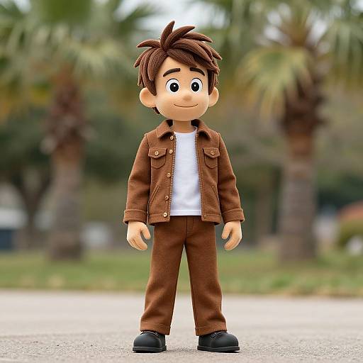 CGI cartoon boy with brown spiky hair, wearing brown jacket, white shirt, brown pants, black shoes, smiling, standing in park with blurred