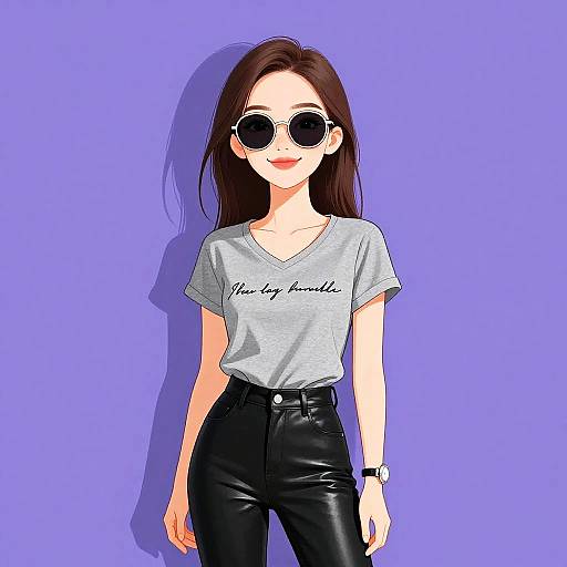 Digital anime-style drawing of a young woman with long brown hair, wearing round sunglasses, gray 