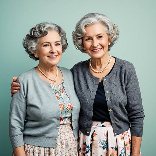 Two Elderly Women in Pastel Cardigans and Floral Skirts
