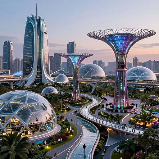Photograph of futuristic cityscape with glass domes, towering structures, and illuminated pathways at dusk, featuring vibrant city skyline background.
