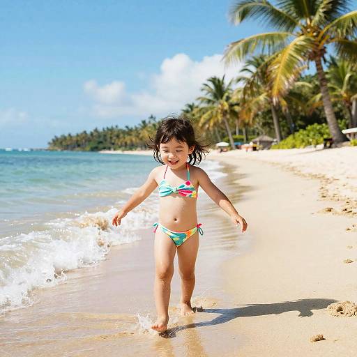 Photograph of a young Asian girl with black hair in a colorful bikini, joyfully walking on a sunny tropical beach with palm trees and gentle waves.
