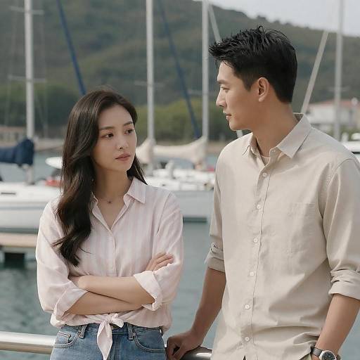 Couple at Marina by Sailboats