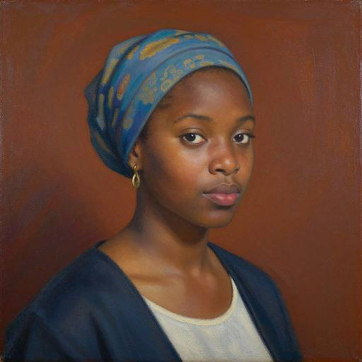 Photorealistic portrait of a young Black woman with dark skin, wearing a blue headscarf, gold earrings, black cardigan, and white top