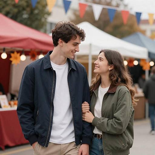 Photograph of a smiling young couple, he with curly brown hair in a navy jacket and white tee, she with long dark hair in a green jacket