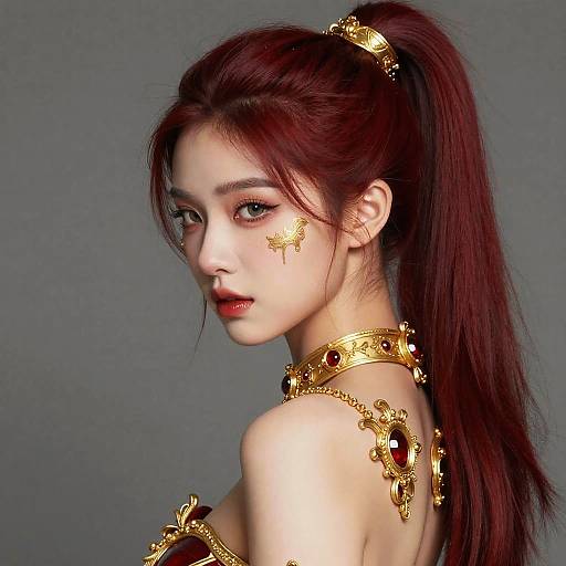 Digital art of a fair-skinned, red-haired woman with a gold star face mark, wearing ornate gold jewelry, looking over her shoulder against a