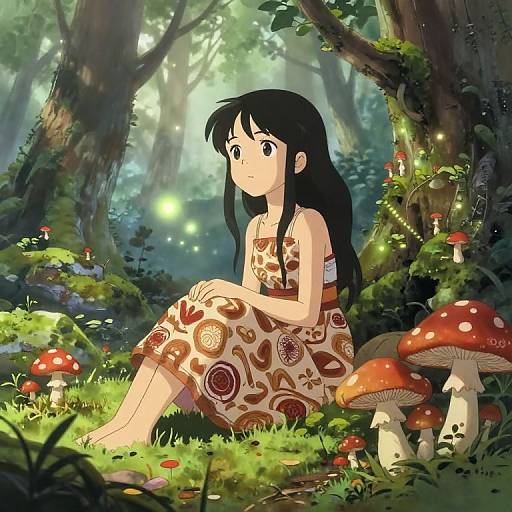 Anime-style drawing of a black-haired girl in a floral dress, sitting in a magical forest with glowing mushrooms and fireflies.