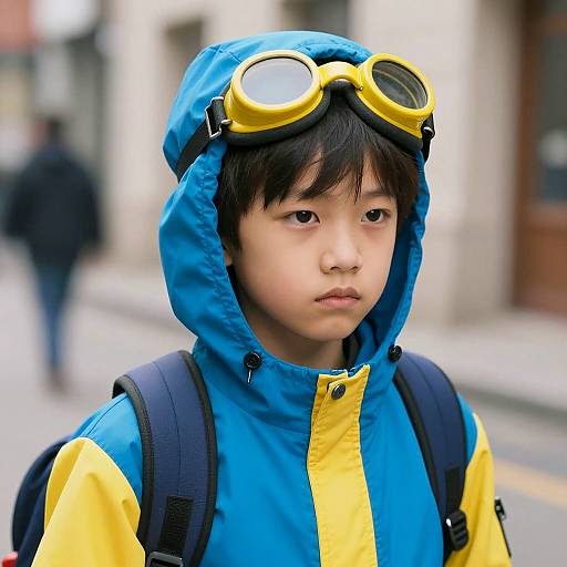 Serious Young Boy in Blue and Yellow Jacket with Vintage Goggles