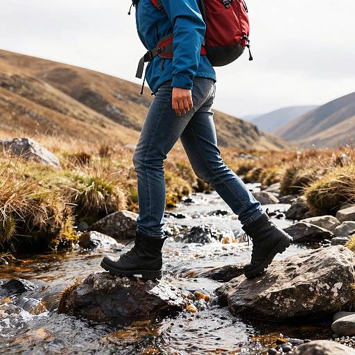 Hiker Crossing Rocky Mountain Stream
