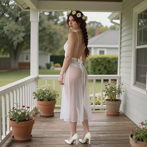 Young Woman in Sheer Dress on Porch