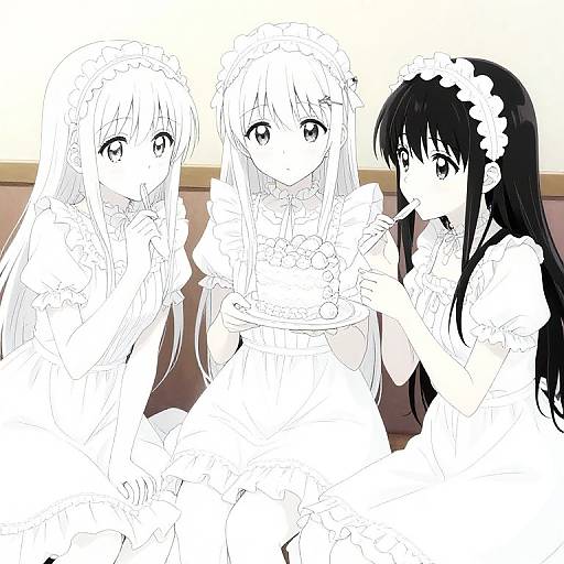 Anime Girls Playing with Cake Line Art
