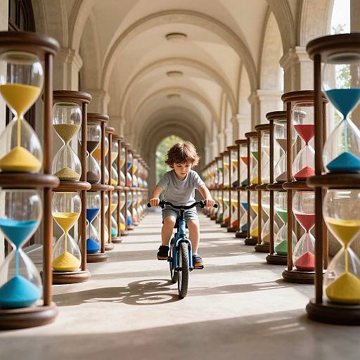 Child Bicycles Through Hourglass Hallway