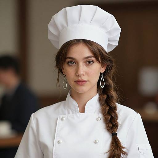 Photograph of a young woman with fair skin, brown eyes, and long brown braid, wearing a white chef's hat and uniform, standing in