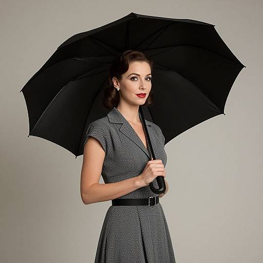 Photograph of a vintage-styled woman with fair skin, red lipstick, and dark hair, holding a black umbrella, wearing a gray, short-s
